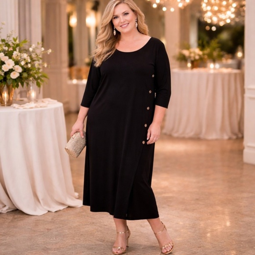 Serengeti Black Button Side Midi Dress 3/4 Sleeve Plus Size 2X Made in USA